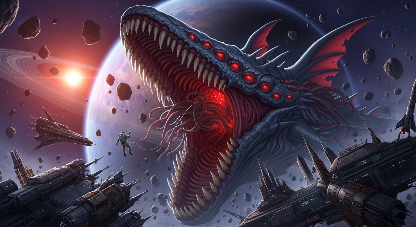 Astronaut Sucked Into Cosmic Monster's Jaws Near Ringed Plan...