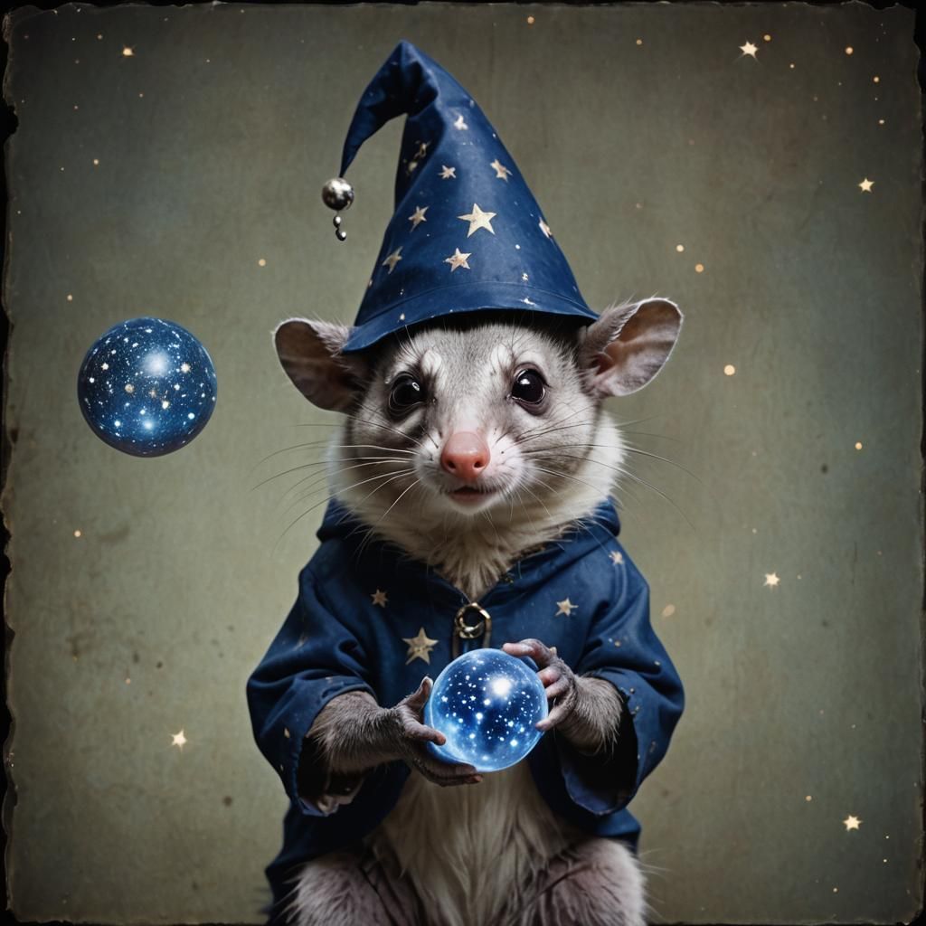 Opossum Wizard with Orb in Dark Fantasy Film Style