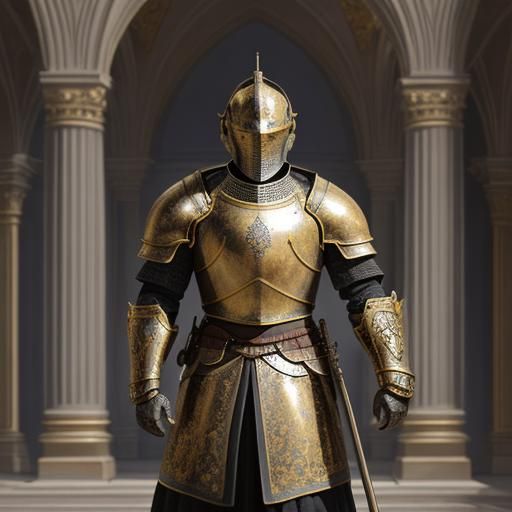 Knight in Grand Hall: Golden Oil Painting Style