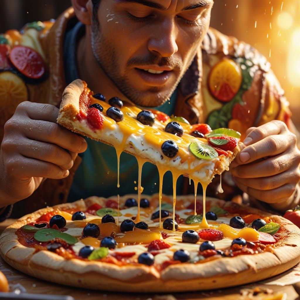 Man Savoring a Fruit Pizza Masterpiece in Vibrant Digital Ar...