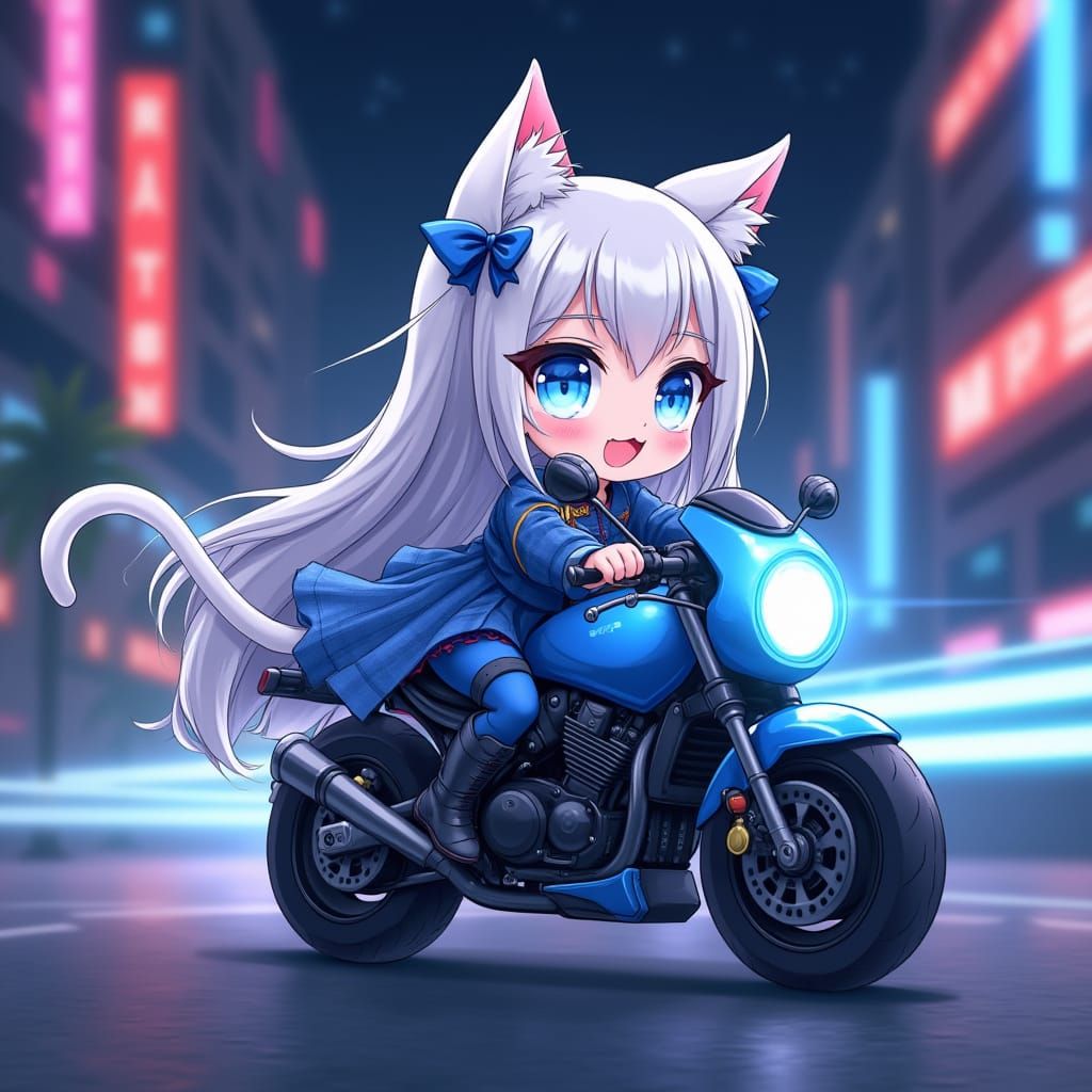 Cyberpunk Catgirl Rides Motorcycle in Futuristic City