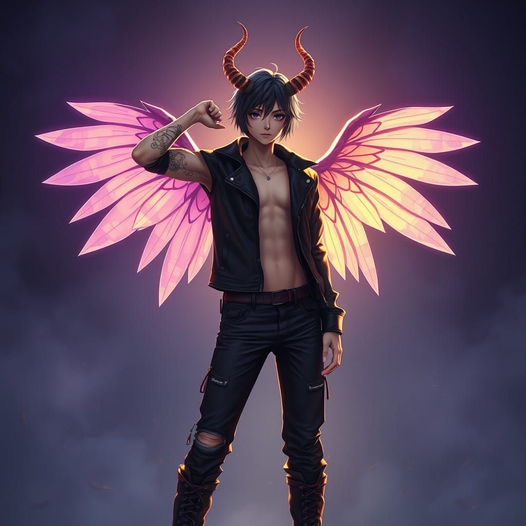 Mysterious Anime Figure with Wings and Horns in Dark Mystica...