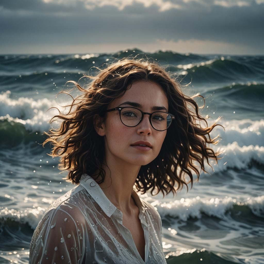 Brunette Woman with Glasses in Ocean: Hyperrealistic Art
