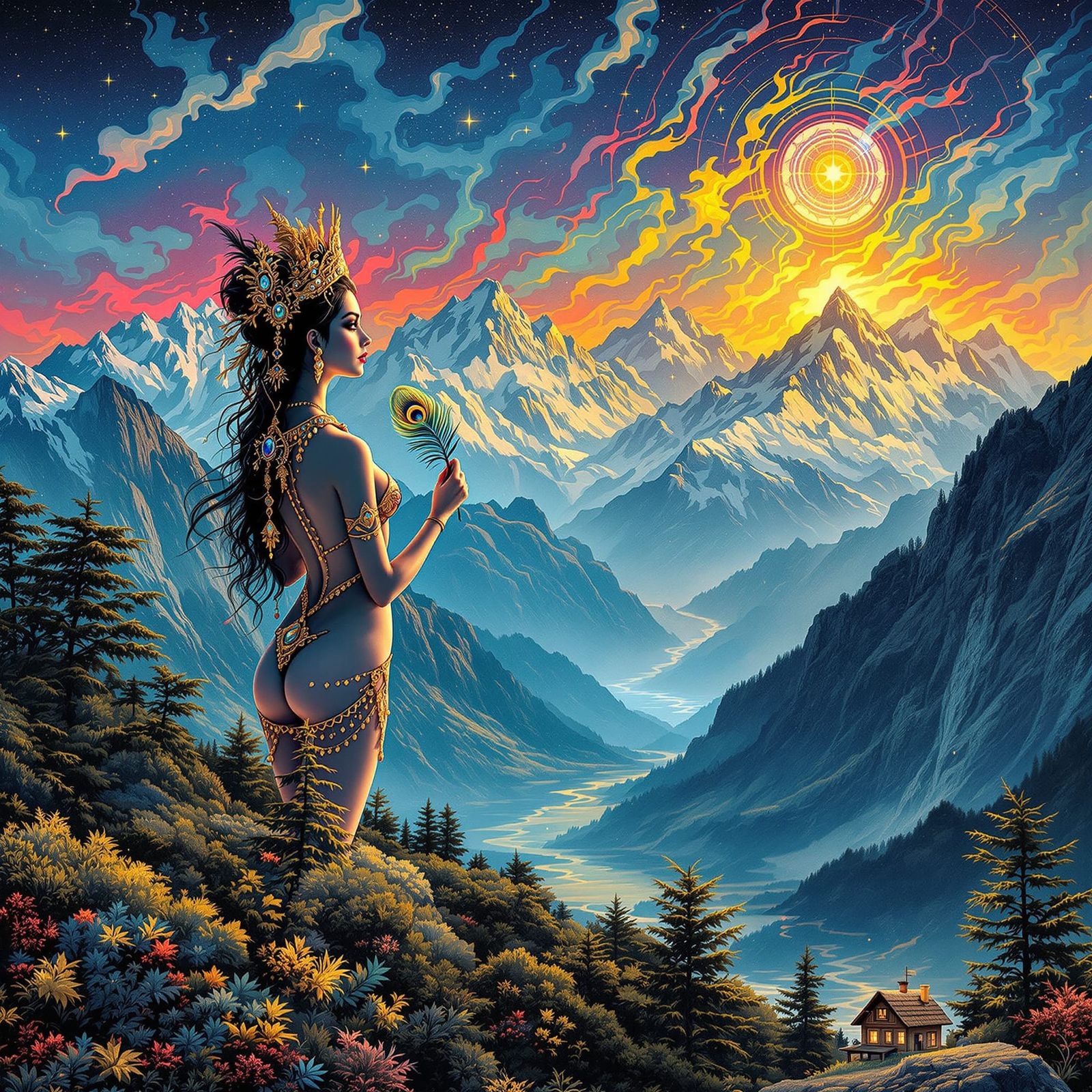 Hindu Goddess in Victorian Style Overlooking Swiss Alps