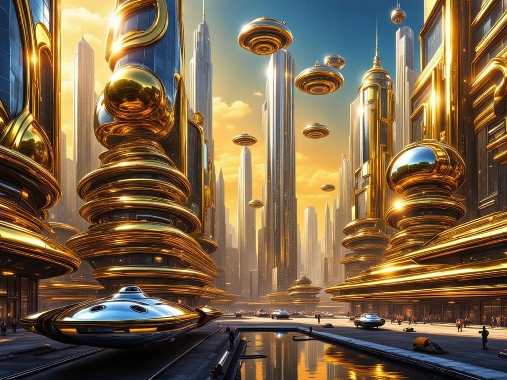 Cyberpunk Metropolis of Chrome and Gold Skyscrapers with Fly...