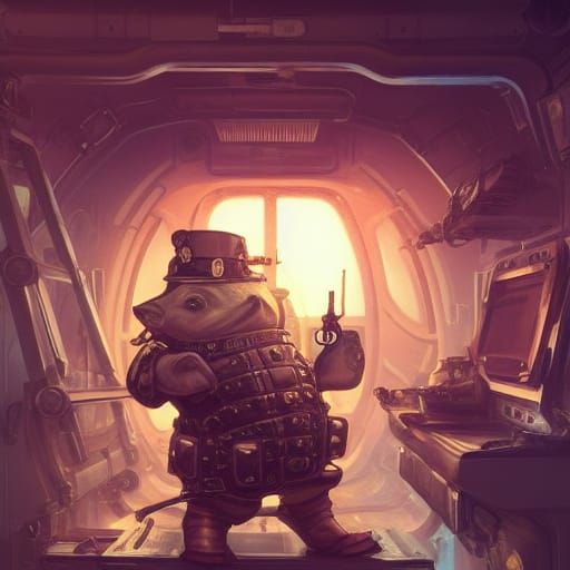 Steampunk Piglet Soldier in Spaceship, Detailed Digital Art