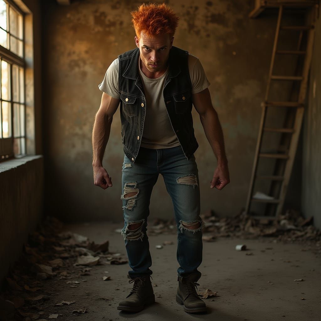 Gritty Fire Escape Portrait: Red-Haired Man in Golden Light