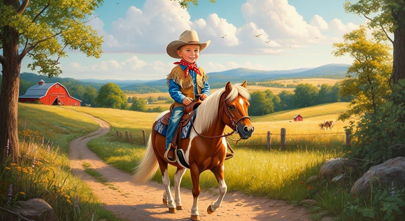 Little Cowboy on His Mini Pony