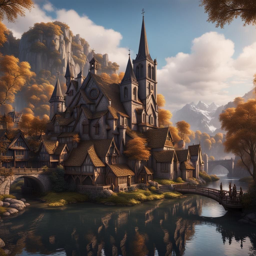 Riverside Town Church in Detailed Matte Painting Style