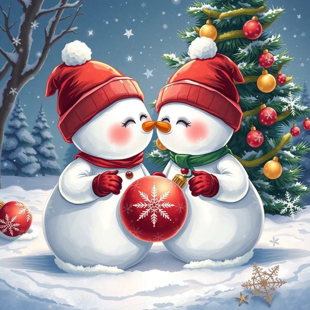 Cute Snowmen Kissing Under Christmas Tree in Winter Wonderla...