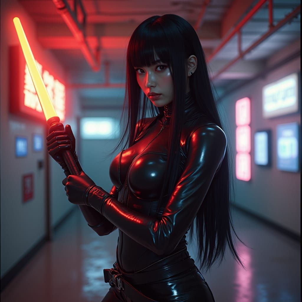 Android Warrior in Futuristic Dojo as Film Still