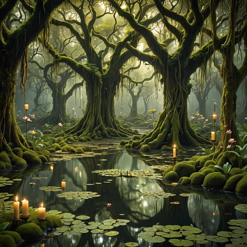 Mystical Floral Labyrinth with Luminous Candles