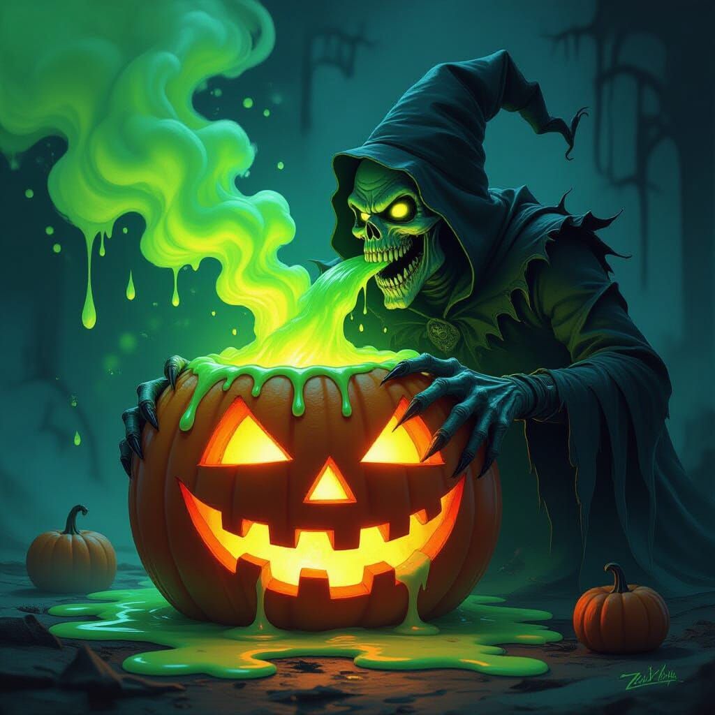 Grotesque Figure Spews Toxic Goo Onto Melting Pumpkin