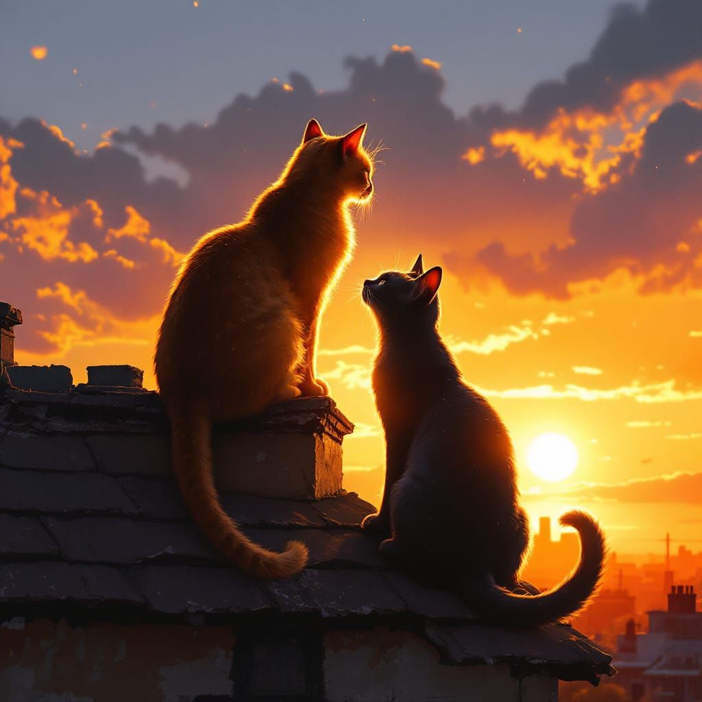 Cats Silhouetted at Fiery Sunset on Rooftop