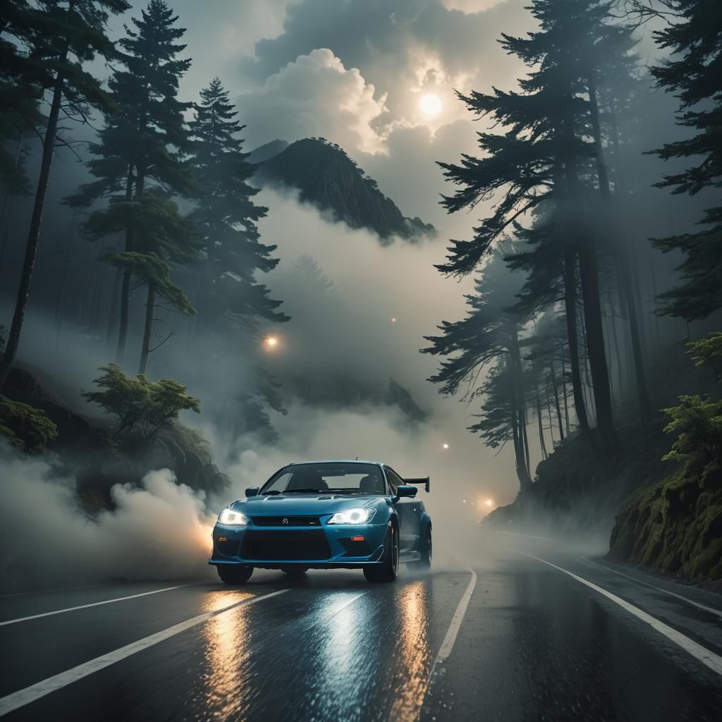 JDM Car Drifting on Misty Japanese Mountain Road