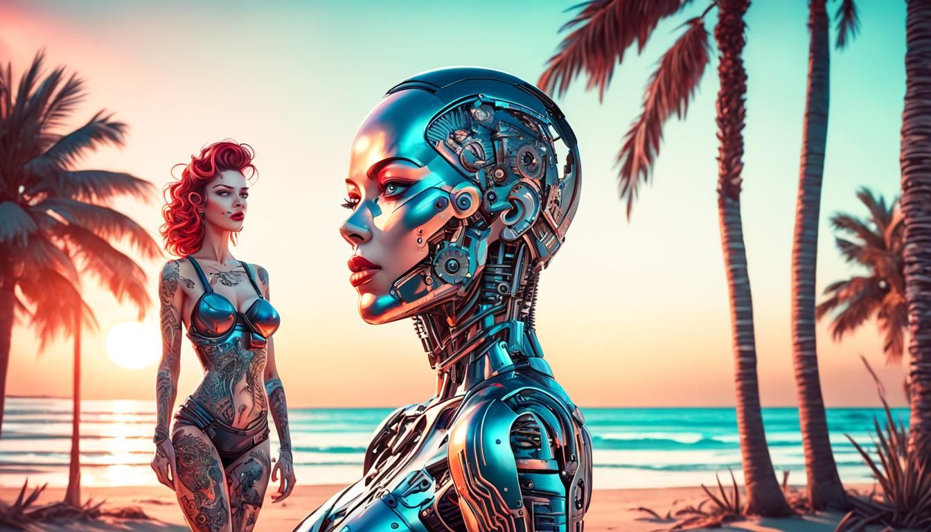 Cyborg Pin-Up on Sunset Beach in Synthwave Style