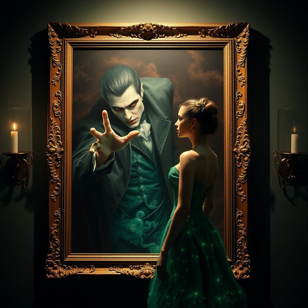 Vampire Reaches From Frame At Woman in Emerald Dress