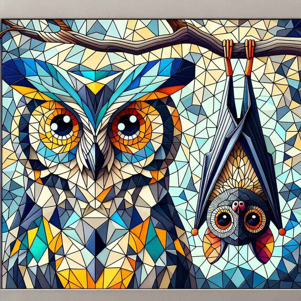 Geometric Mosaic: Owl and Bat in Abstract Fantasy