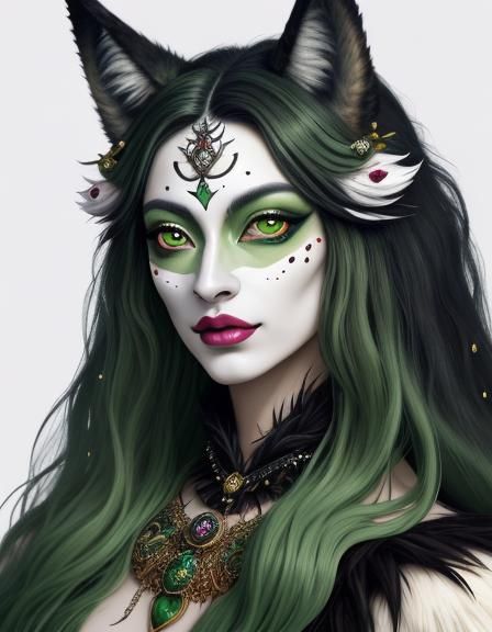 A Wolf woman with Wolf head,face and eyes dressed in extravagant clothes