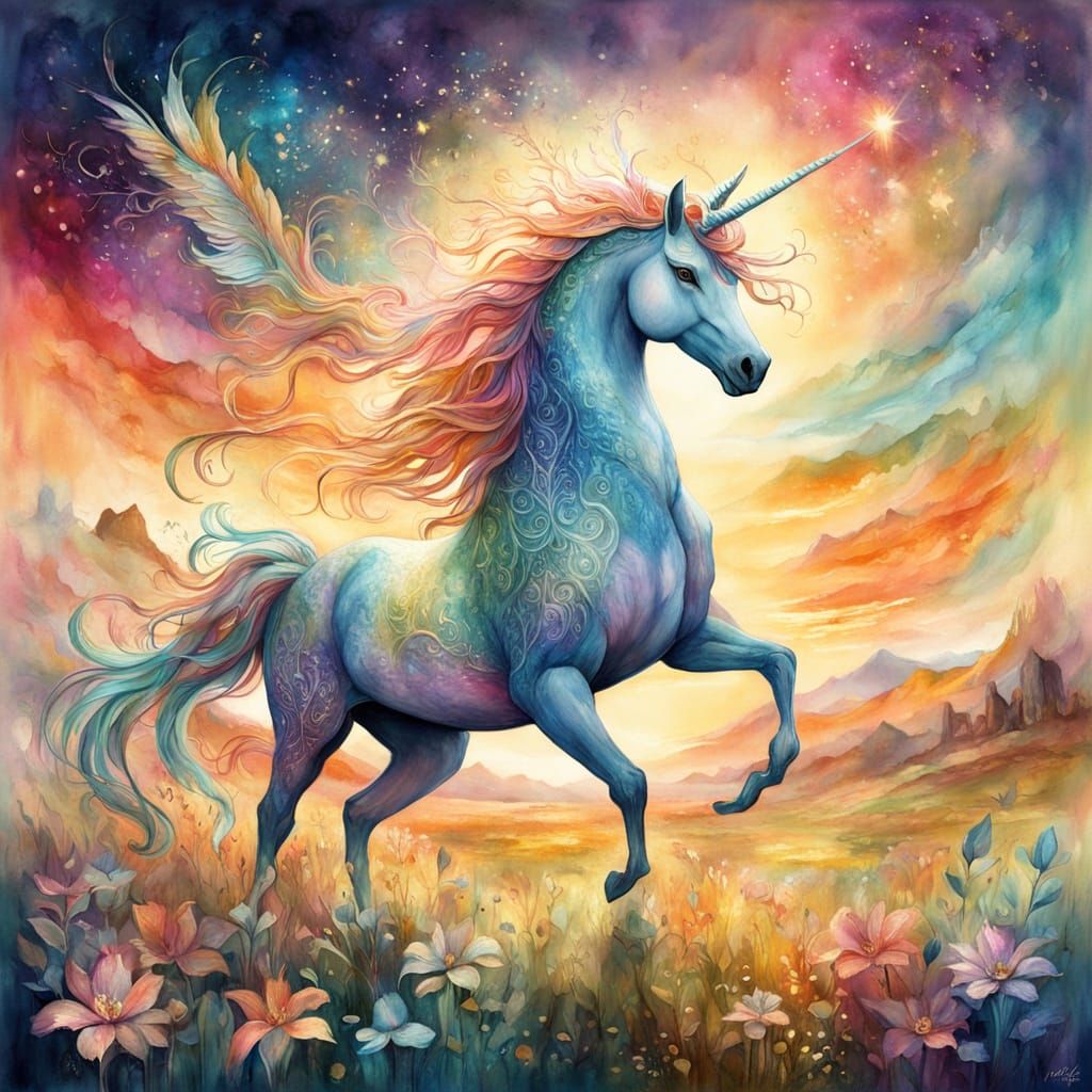 Majestic Unicorn in Vibrant Fantasy Landscape
