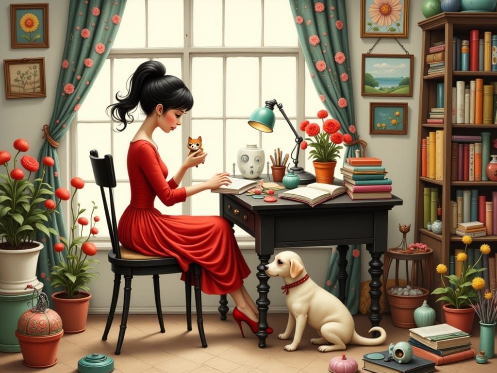 Whimsical Woman at Work in a Delicate, Vibrant World