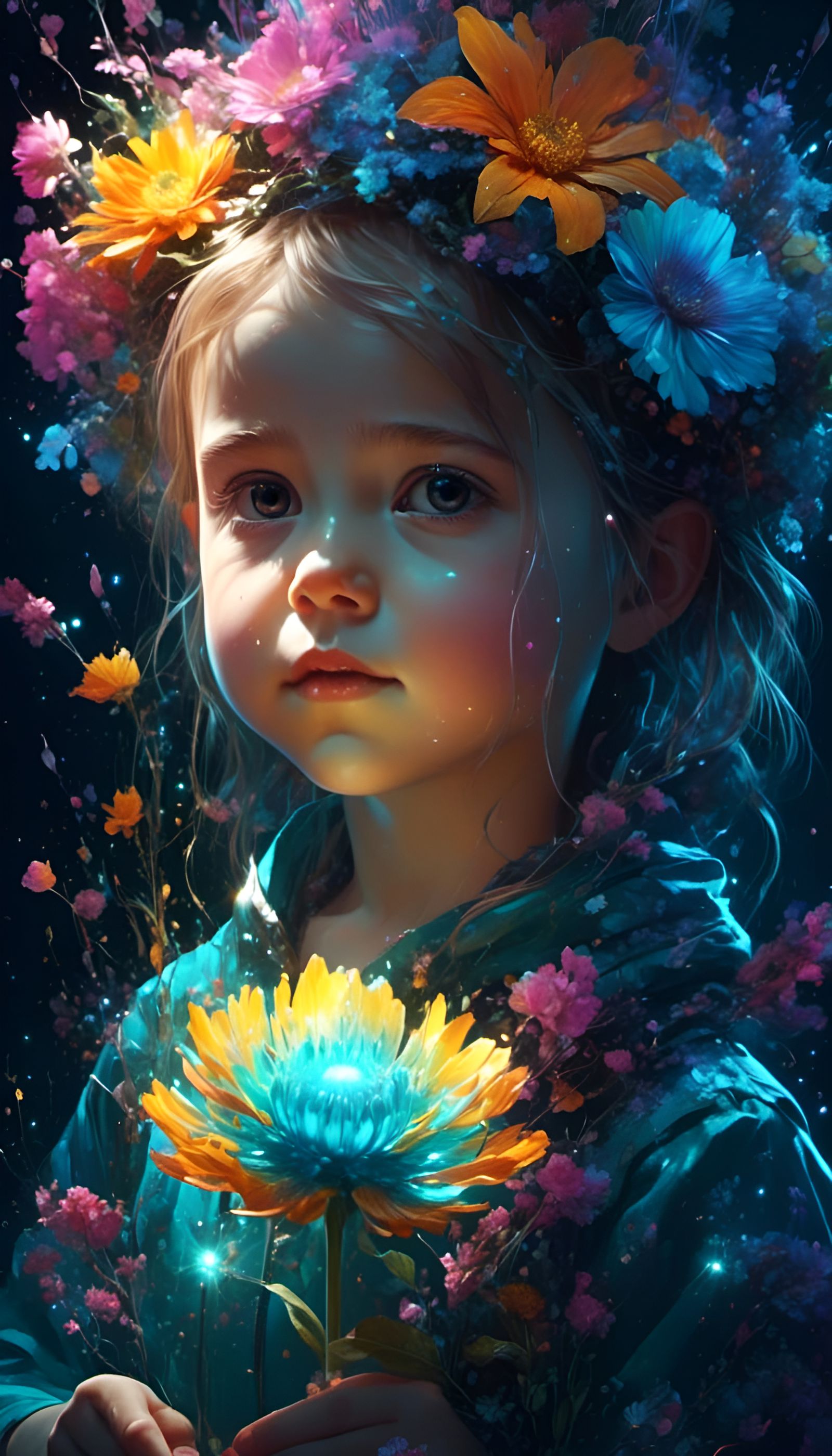 Little Girl with Bioluminescent Flower Portrait