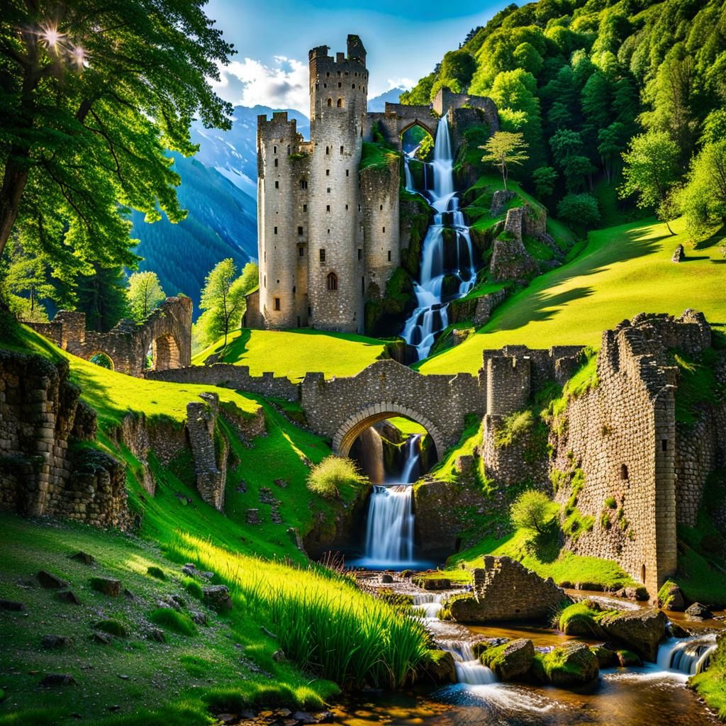 Medieval Castle Ruins with Waterfall Scenery