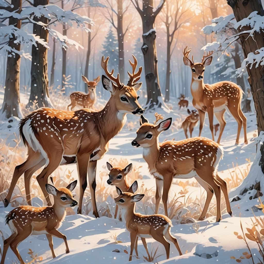Enchanting Snowy Scene: 3D Anime Art with Deer and Children