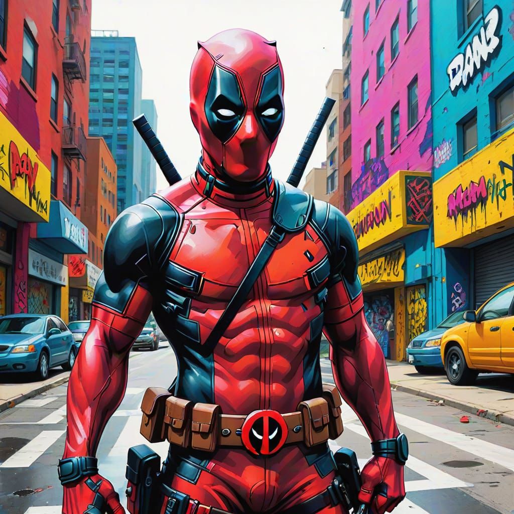 Deadpool in City Street, Pop Surrealism Style
