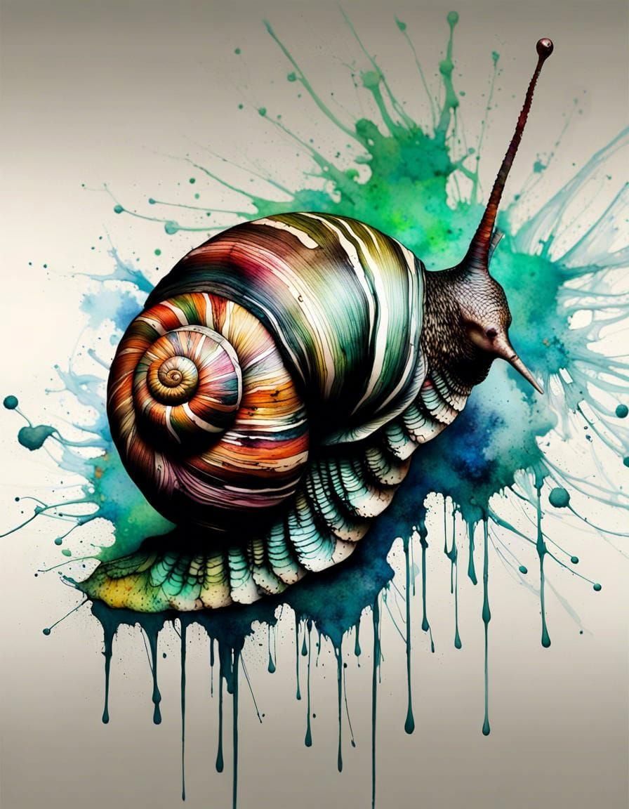 Vibrant Ink Splatter Art Snail with Intricate Shell