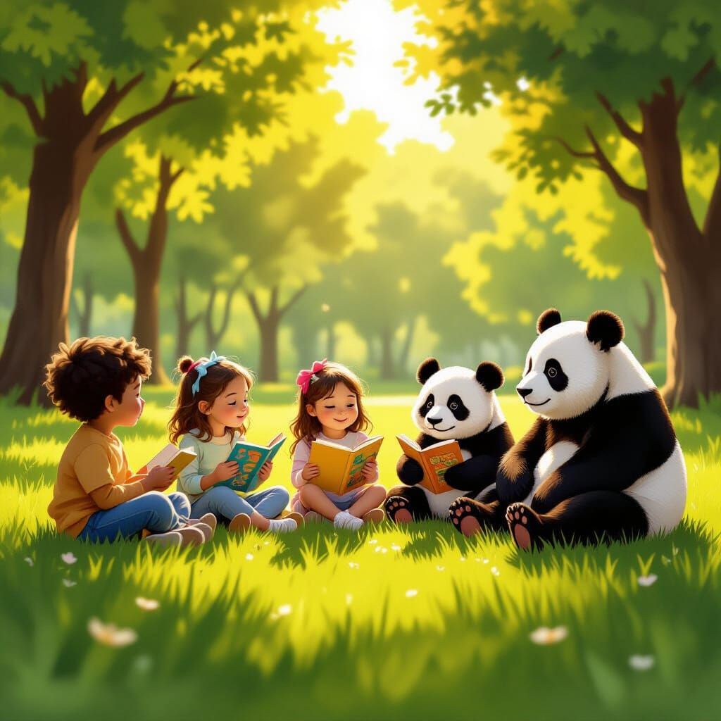 Children Tell Stories to Pandas in Sunny Park