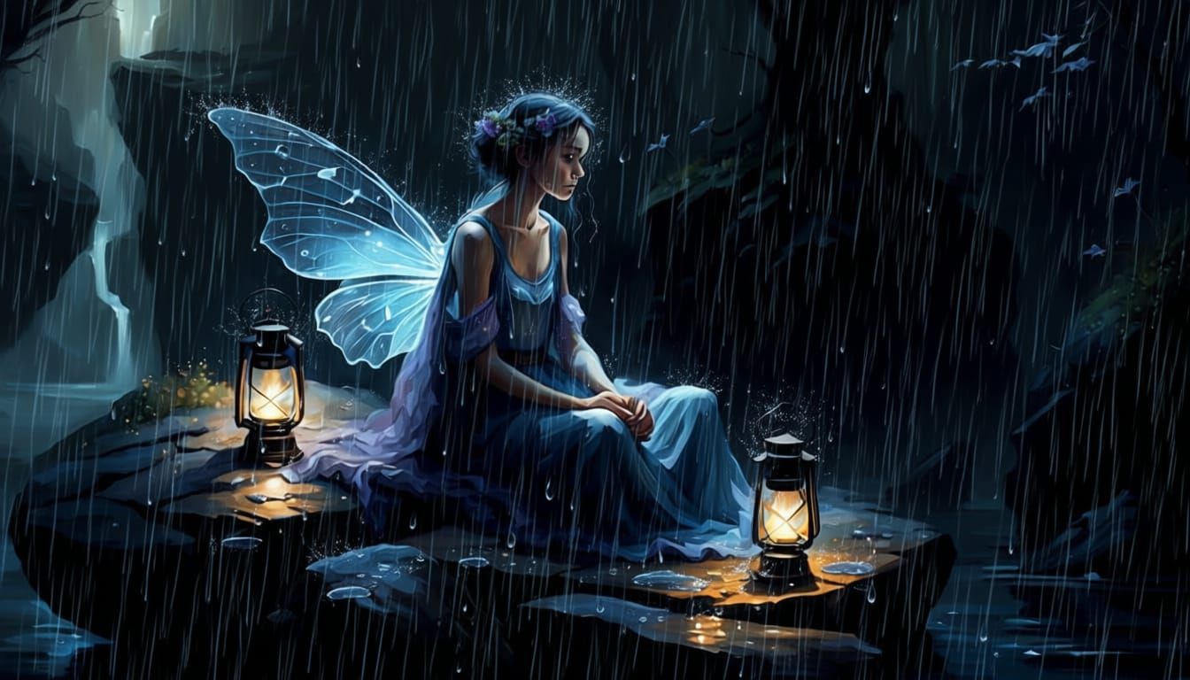 Sad Fairy Watching Rain Drops in Lantern Light Oil Painting
