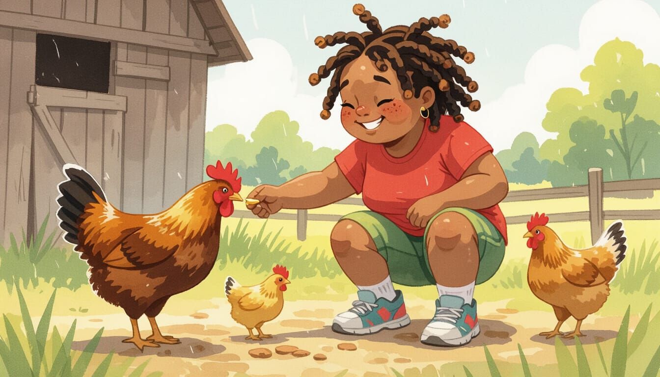 Smiling Girl Feeding Chickens: Wet-on-Wet Watercolor