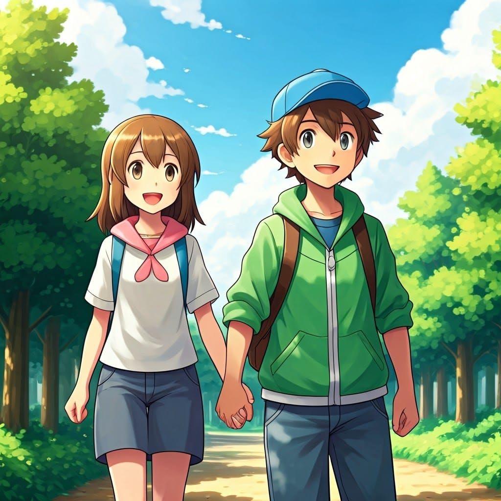 Pokemon Trainer and Sister in Ghibli-Inspired Forest