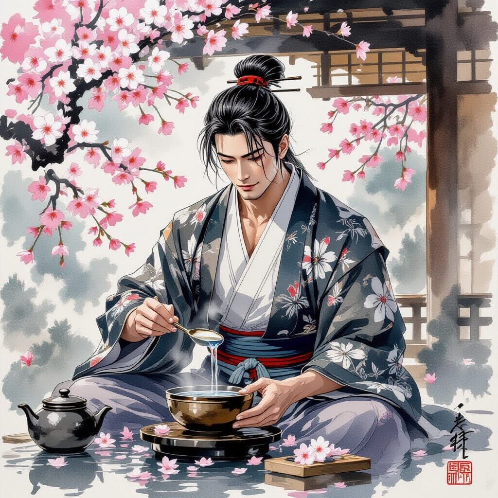 Muscled Japanese Man in Tea House with Cherry Blossoms