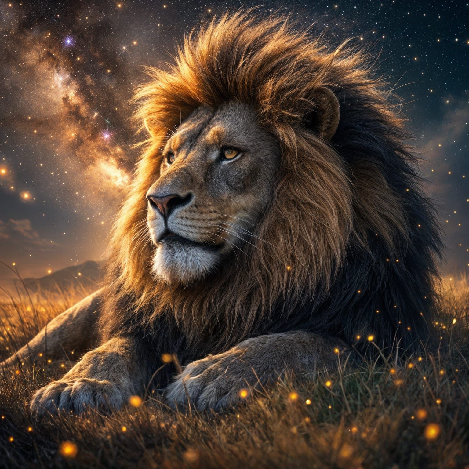 Majestic Lion Under Celestial Star Shower in Fantasy Style