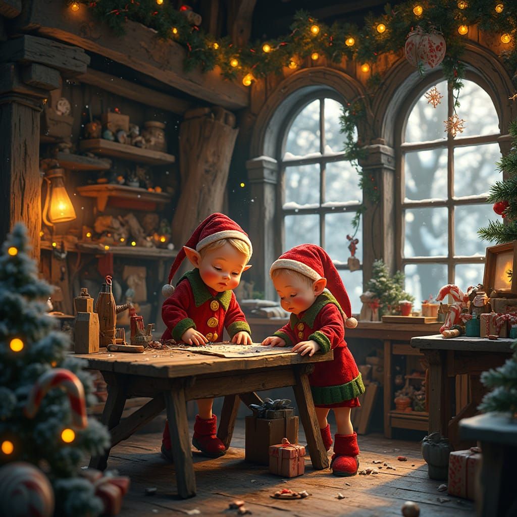 Whimsical Christmas Elves in Cozy Workshop Scene