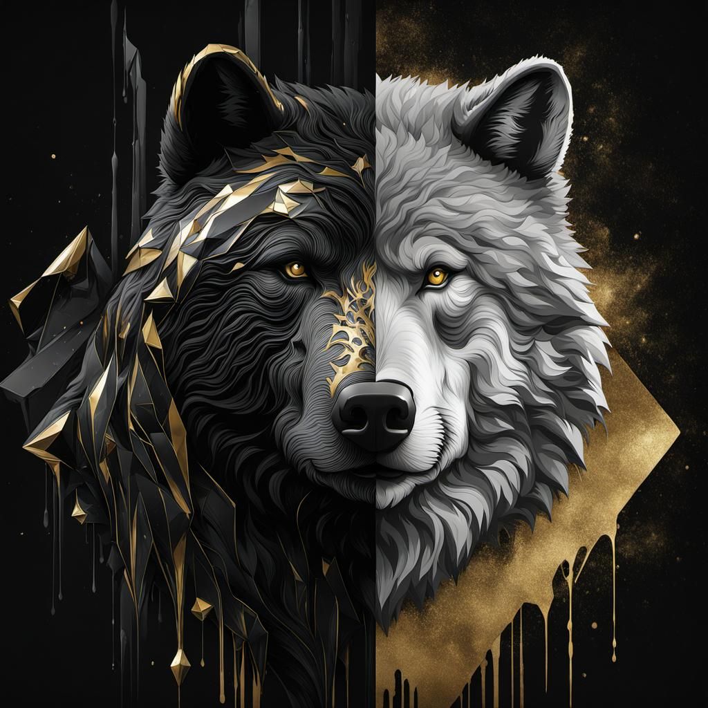 Split Screen: Onyx Bear and Ink Wolf Portrait