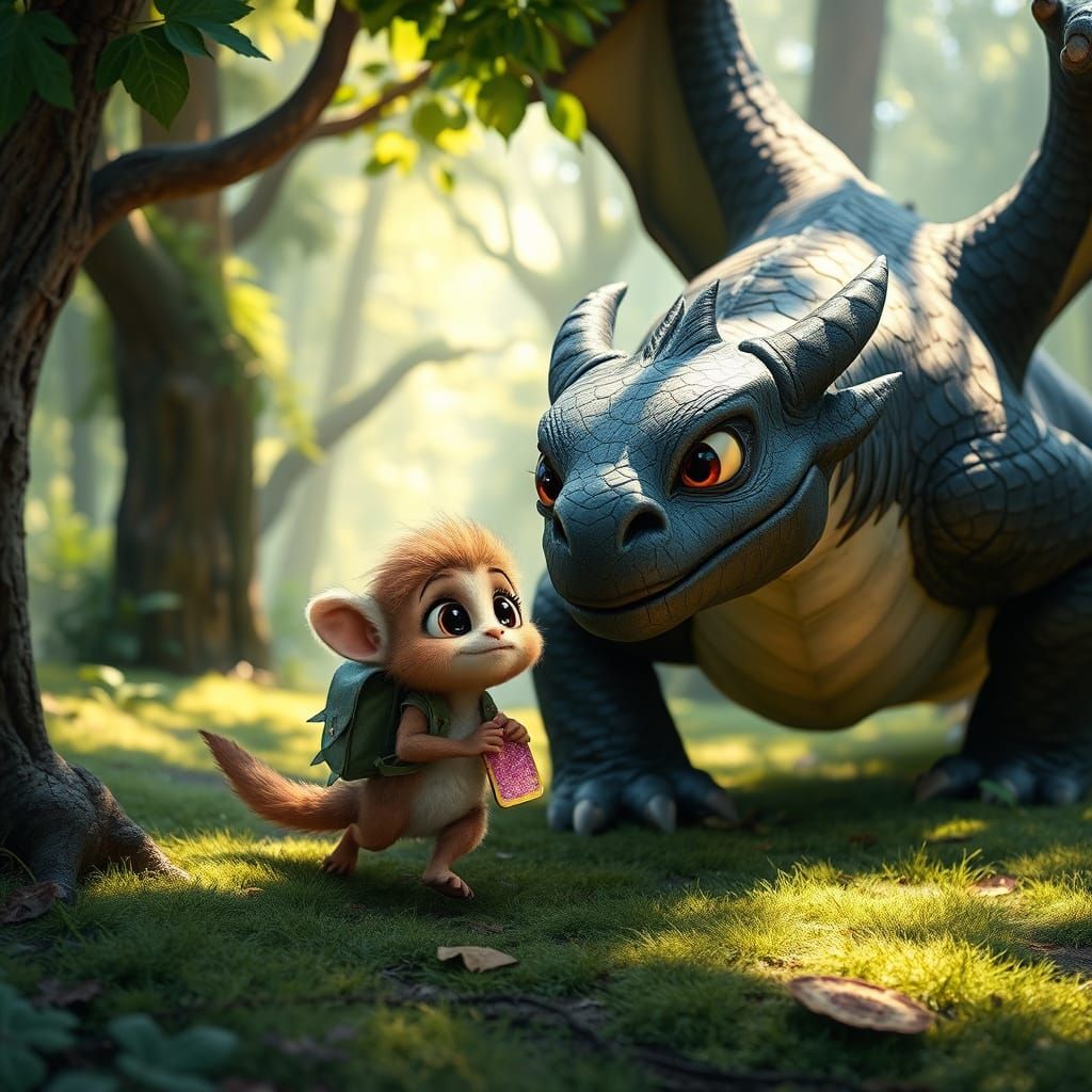 Adorable Creature Chases Dragon in Whimsical Forest