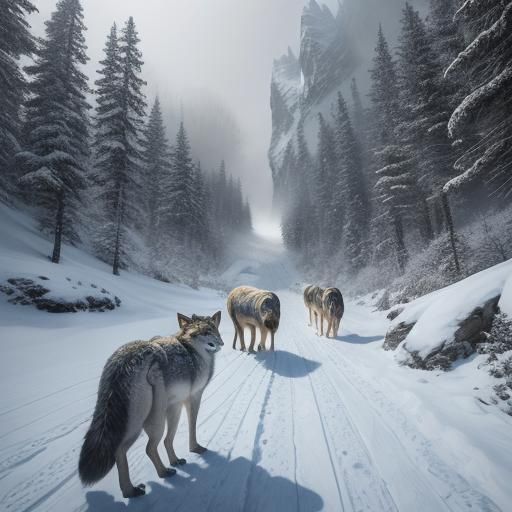 Wolf Pack Descent in Hyperrealistic Snowy Mountain Art