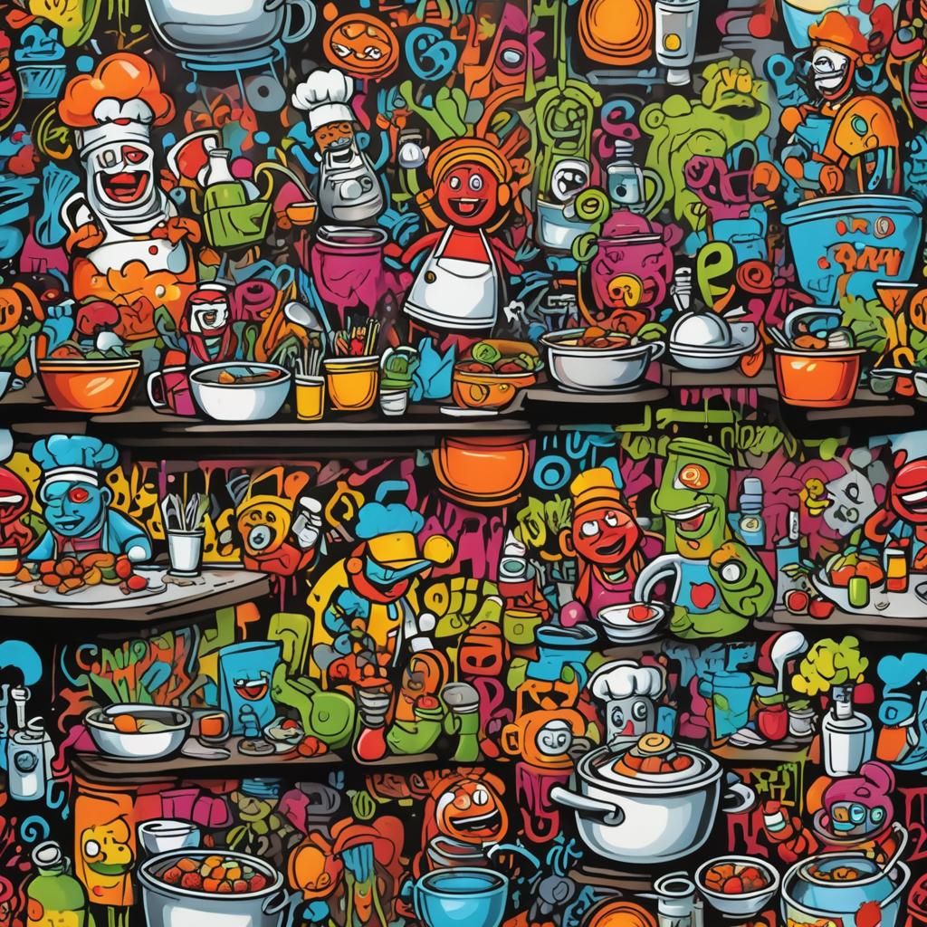 Colorful Graffiti Art in Urban Restaurant Kitchen