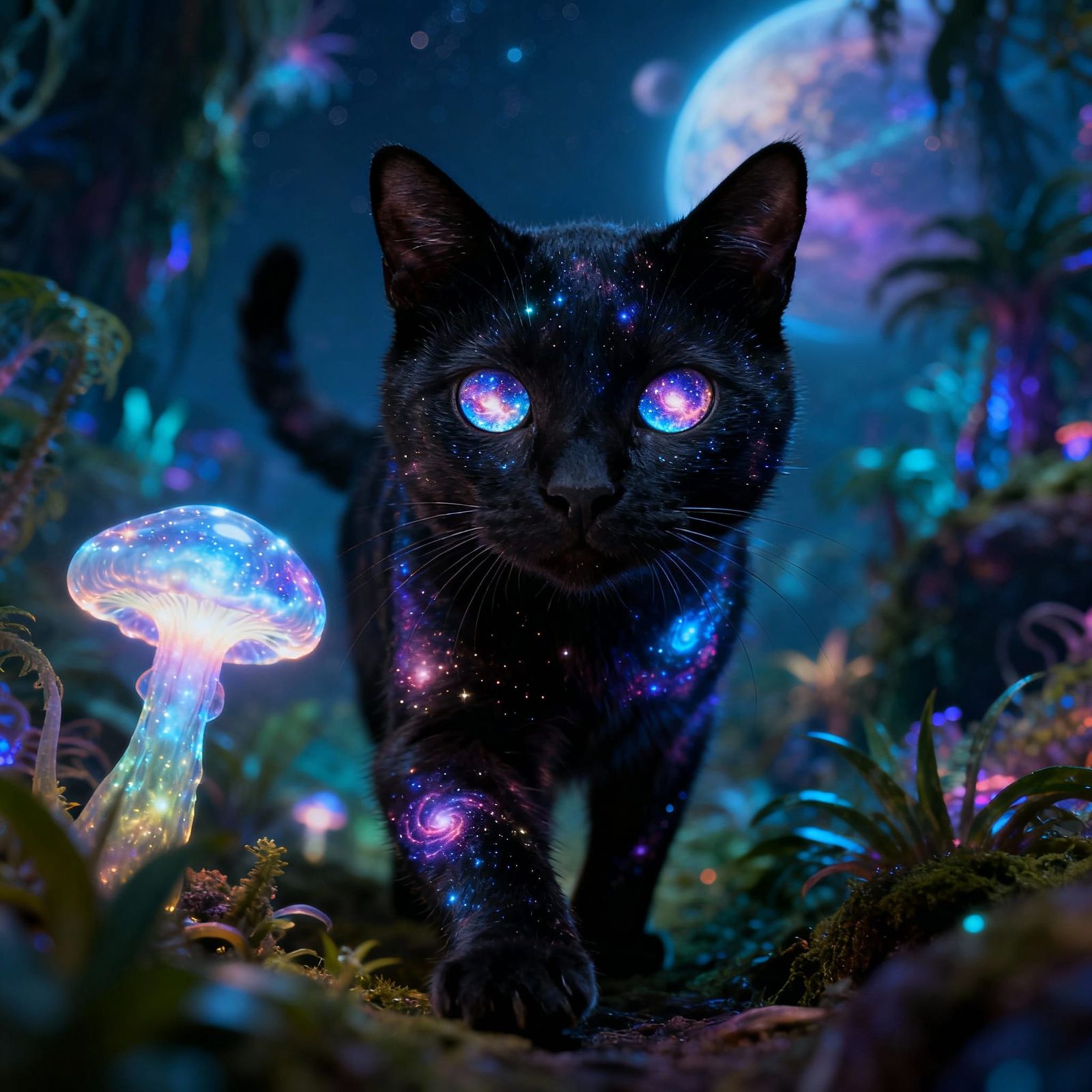 Bioluminescent Cat in Alien Jungle