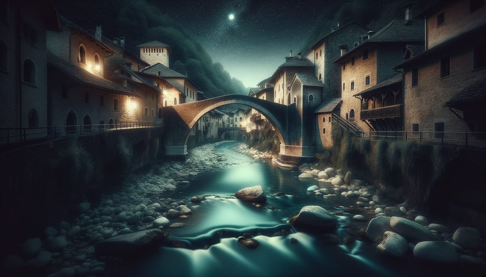 Medieval Town at Night with Stone Bridge