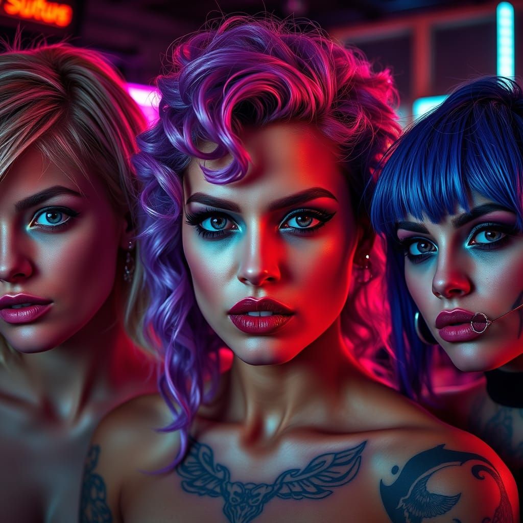 Ravishing Women in Neon-Rave Backdrop