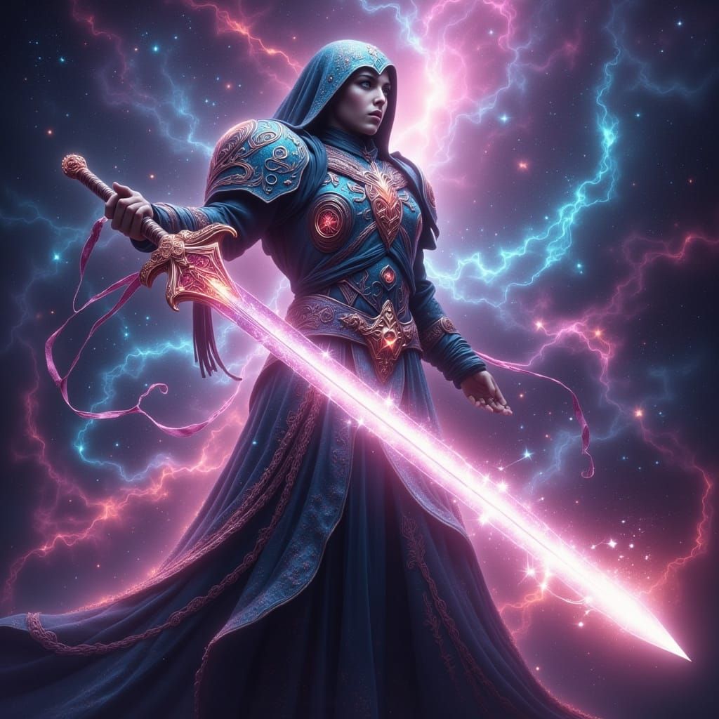 Astral Warrior with Starlight Sword in Cosmic Scene
