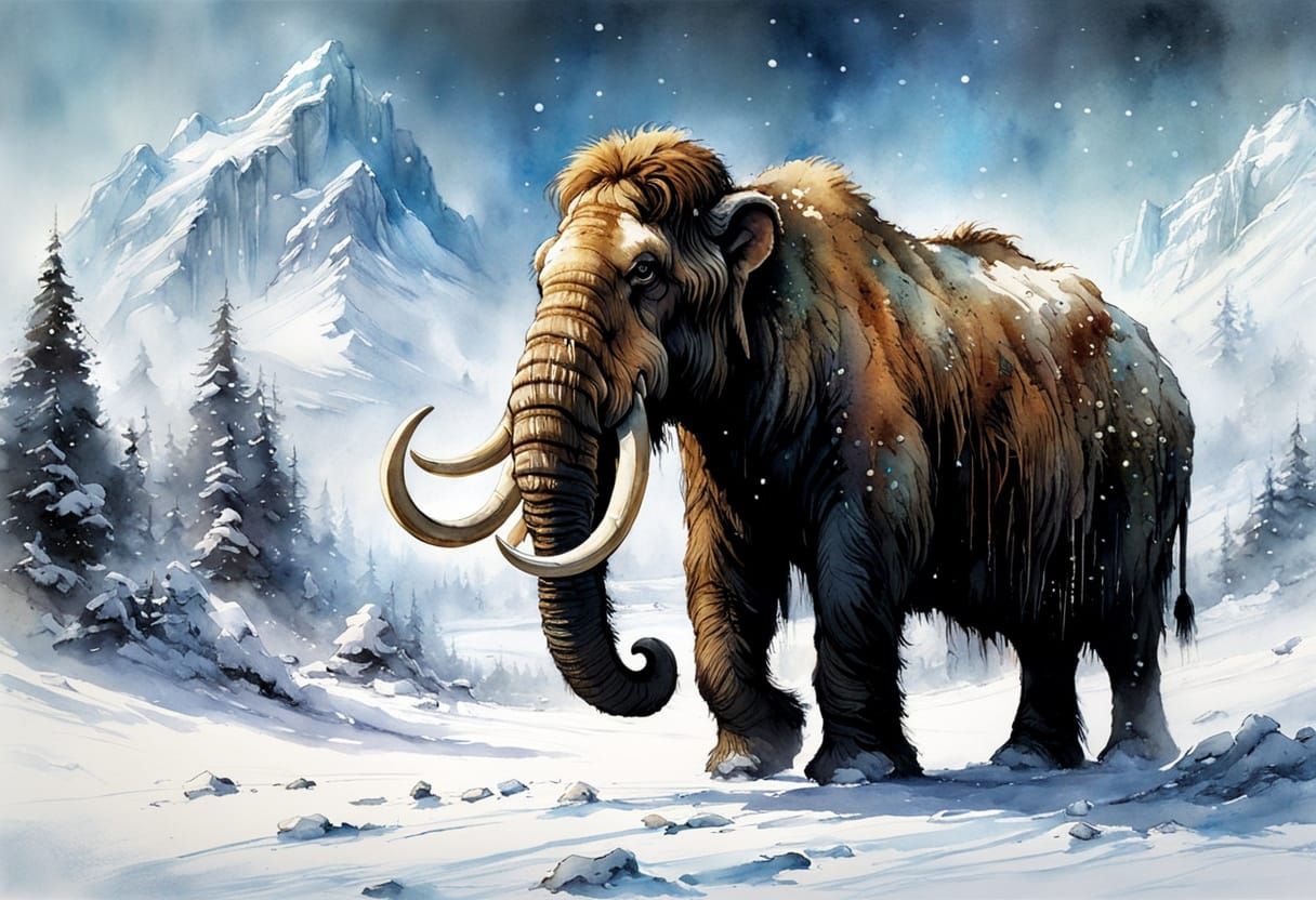 Woolly Mammoth in Winter: Watercolor Ink Art