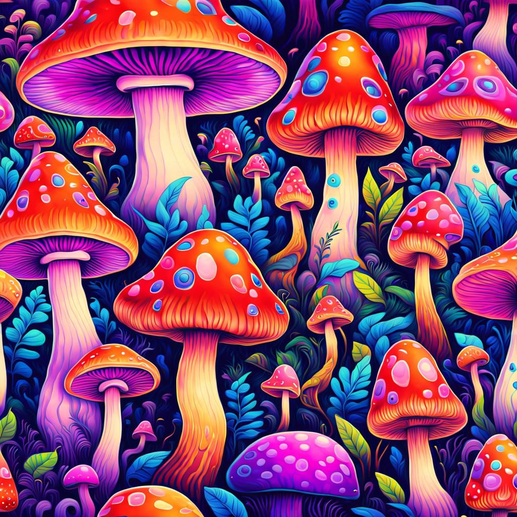 Trippy psychedelic painting of a whimsical mushroom forest w...