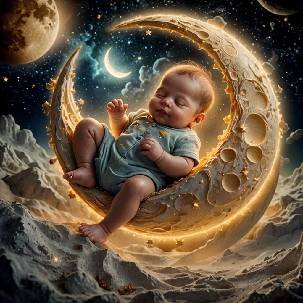 Baby Sleeping on Bioluminescent Moon in Galaxy