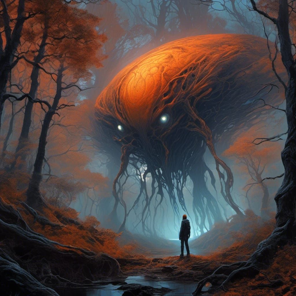 Alien Roams Misty Forest in Dark Fantasy Style