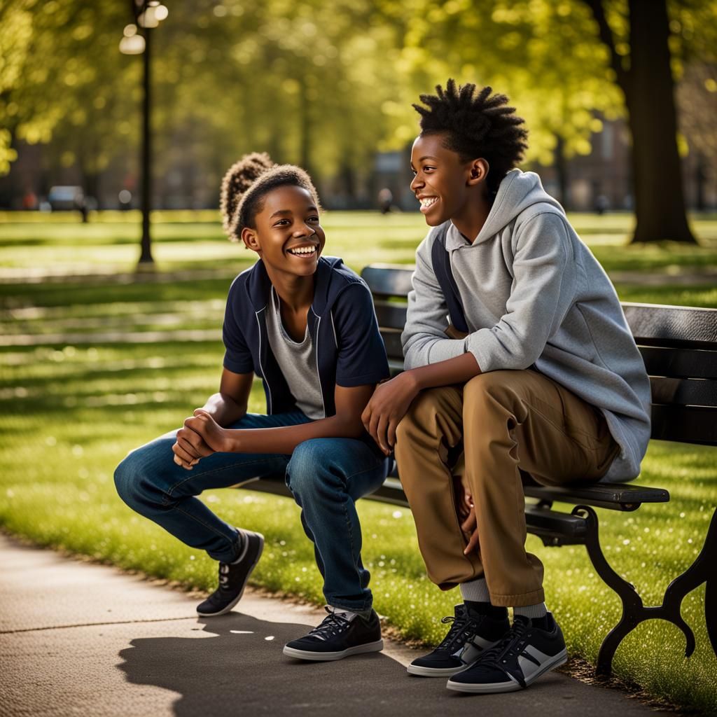 Diverse Youth Chatting on Park Bench Portrait